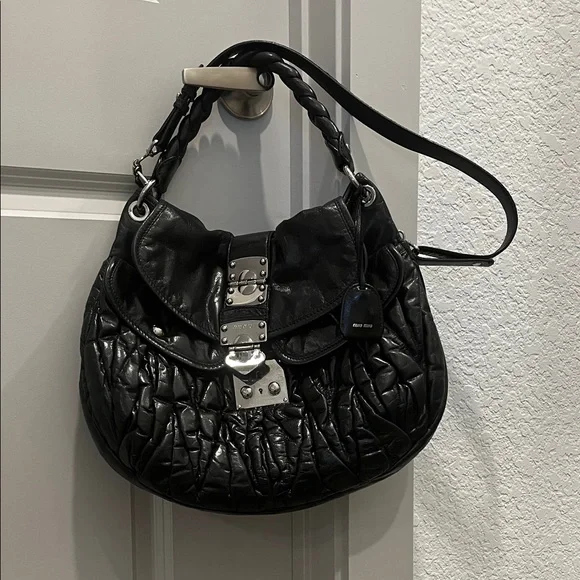 Miu Miu matelasse Black Quilted Leather Shoulder Bag with Silver Hardware - Picture 1 of 7